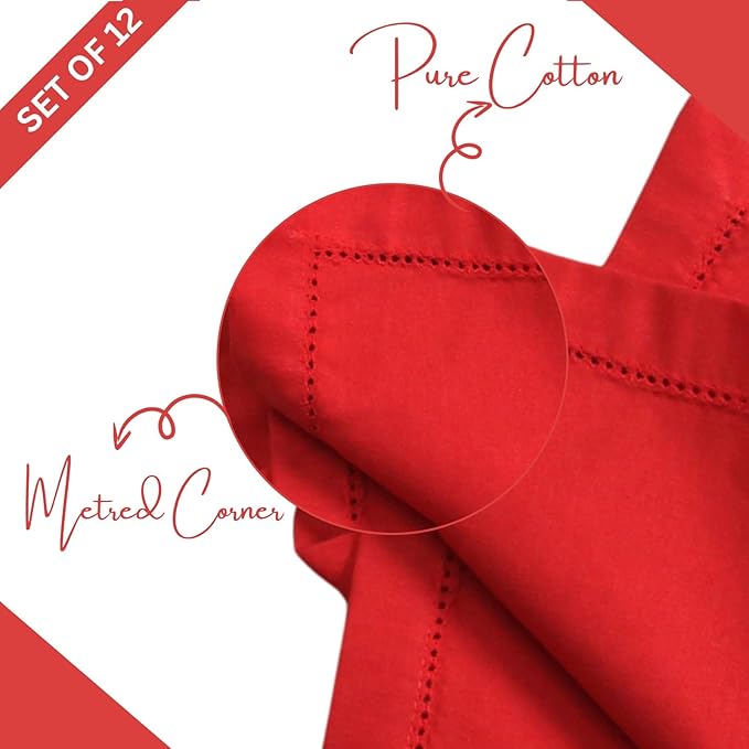Lightnpro Hemstitched Cotton Napkins Set of 12 - Dinner Napkins, Washable Fabric Table Linens, Holiday, Christmas & Special Occasion Napkins, Elegant Cloth Napkins for Dining - 18x18 Inch Red