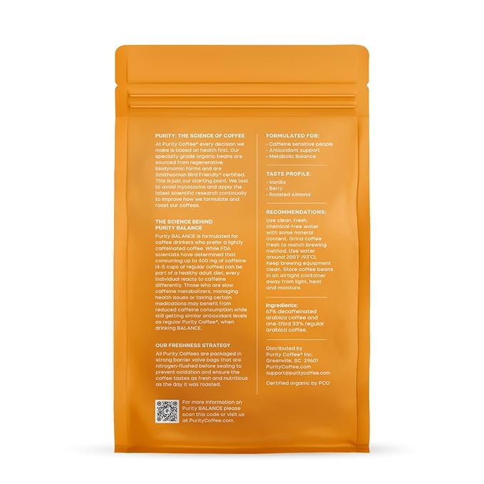 Purity Coffee BALANCE 2/3 Decaf Medium Roast Whole Bean (5lb Bag) | Specialty-Grade USDA Organic Mountain Water Decaffeinated + Arabica Blend | Third Party Tested for Mold, Mycotoxins & Pesticides