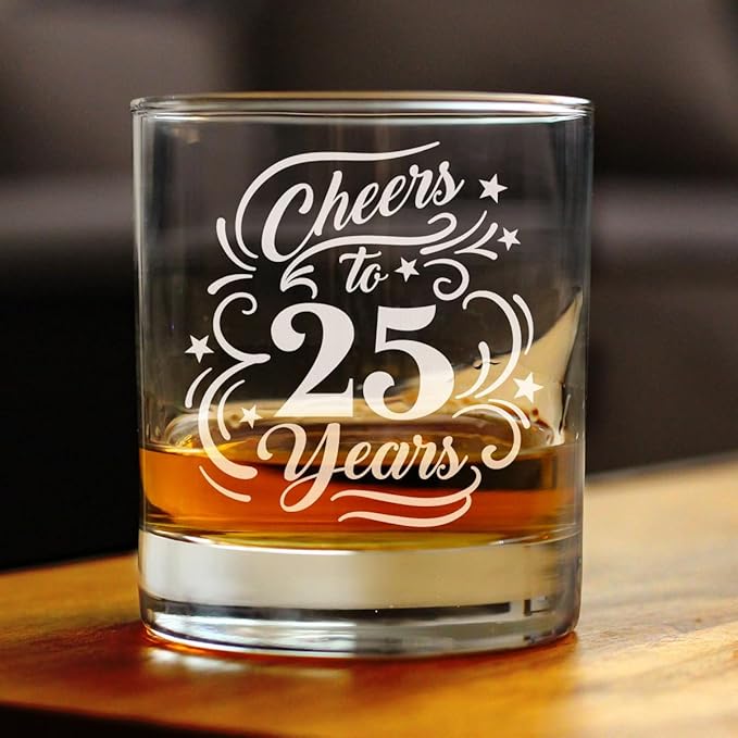 Custom Cheers to 25 Years - Personalized Whiskey Rocks Glass Gifts for Women & Men - 25th Anniversary Party Decor - 10.25 Oz Glasses