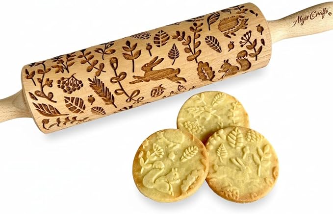 FOREST ANIMALS Embossing Rolling Pin. Laser Engraved Dough Roller for Embossed Cookies Fondant or Pottery by Algis Crafts