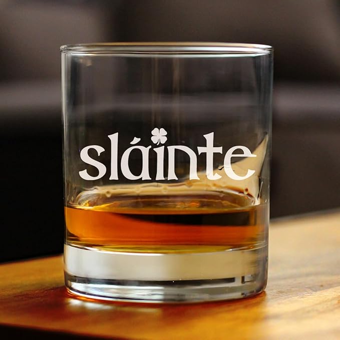 Custom Slainte Irish Cheers - Personalized Whiskey Rocks Glass - Funny St Patricks Day Party Decor or Gifts - 10.25 Ounce - Customized Bourbon Glass Gift