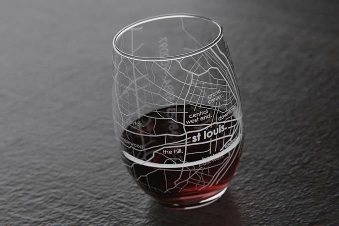 Well Told Engraved St. Louis Missouri Map Stemless Wine Glass, Etched Glass (15 oz, Clear) City Custom Gifts for Lovers