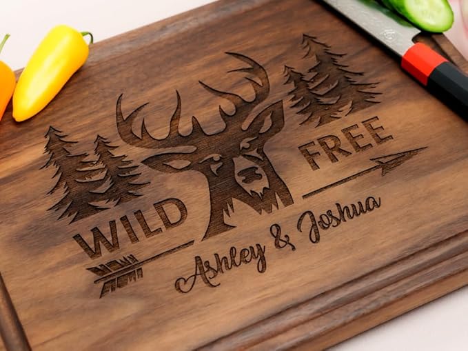 Personalized Cutting Board, Custom Wedding, Anniversary or Housewarming Gift Idea, Wood Engraved Charcuterie, for Couples and Friends, Wild Deer Design 109