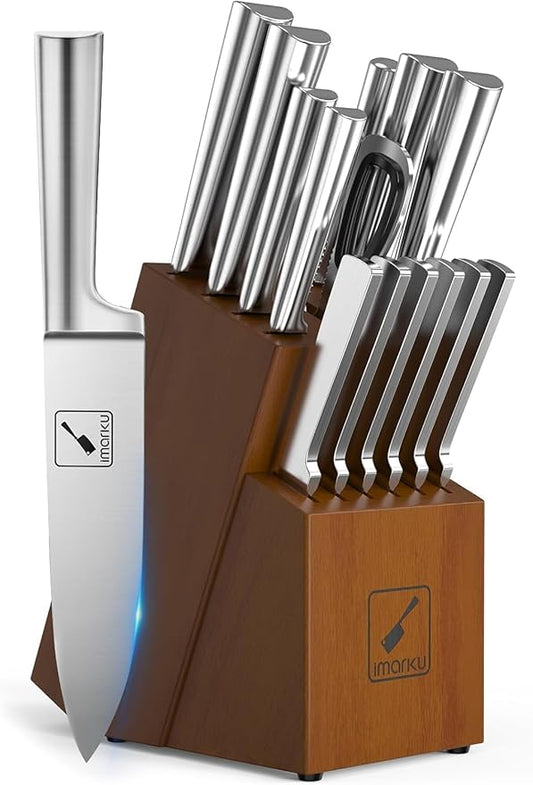 imarku Knife Set - Kitchen Knife Set 15 Pieces Japanese Stainless Steel Knife Block Set with Sharpener - Dishwasher Safe Kitchen's Knives - Ultra Sharp Chef Knife Set for Kitchen