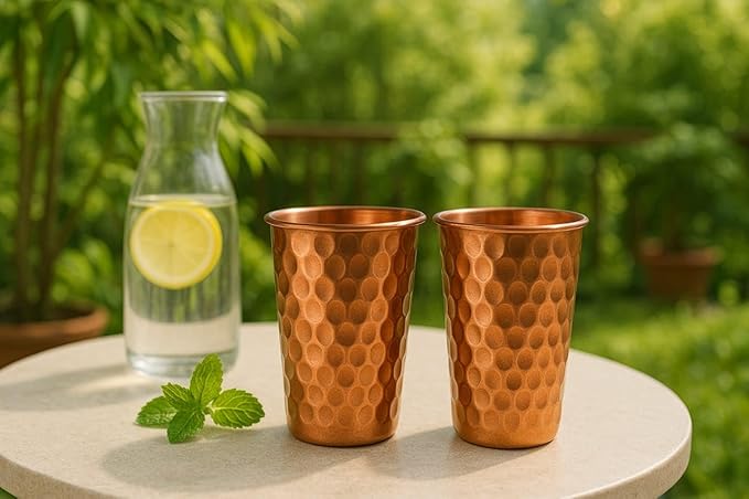 Handcrafted Traditional Hammered Copper Water Glasses – Set of 2 | 300 ml Drinking Tumblers Copper Cups for Home Office Kitchen & Daily Use