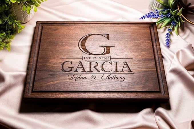 Personalized Cutting Board, Custom Wedding, Anniversary or Housewarming Gift Idea, Wood Engraved Charcuterie, for Couples, Family and Clients (Classic Initial 015)