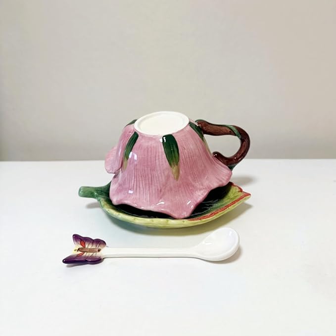 Ceramic Tea Cup and Saucer Set ，6OZ 3D Hand-Painted Flower and Lotus Leaf Coffee Mug，Gift for Women- Dark Pink Rose
