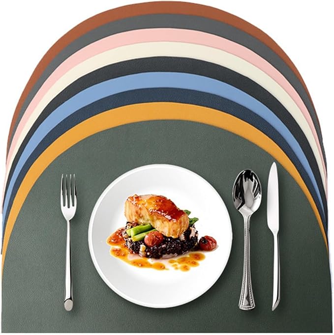 Semicircle PU Leather Table Mat Waterproof Heat Insulation Non-Slip Placemat Tableware Pad Coaster Kitchen Accessories 4pcs(Dark Green)