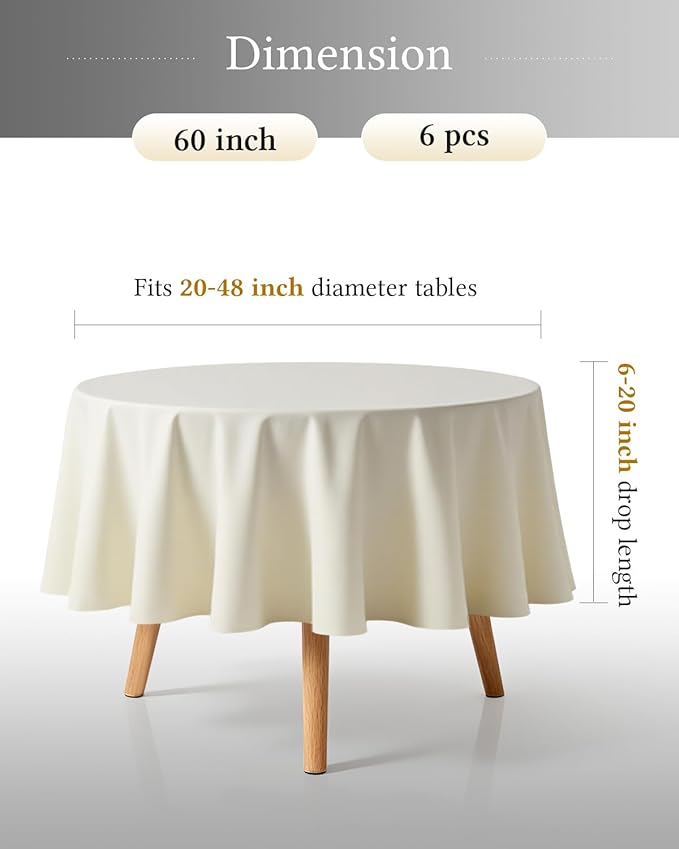 BESTVIP 6 Pack 60" Ivory Ivory Round Decorative Tablecloths - Polyester Fabric Washable Table Cloth Cover for Wedding, Reception, Banquet, Birthday Party, Buffet, Restaurant