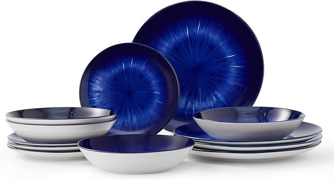 Bestone 12-Piece Round Porcelain Dinnerware Set, Service for 4, Chip Resistant Plates and Bowls, Starburst Turquoise Dark Blue, Dishwasher & Microwave Safe for Home Daily Use