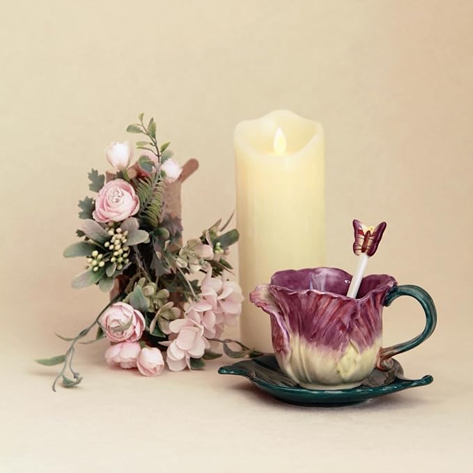 Ceramic Tea Cup and Saucer Set ，6OZ 3D Hand-Painted Flower and Lotus Leaf Coffee Mug，Gift for Women- Purple Tulip