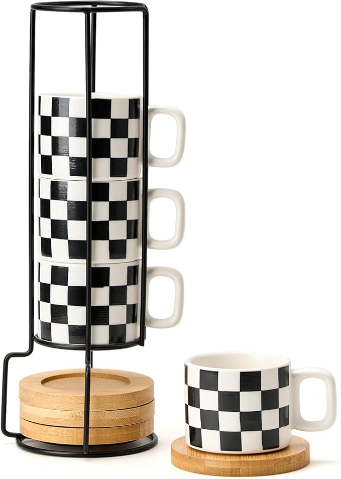 LUKA Porcelain Stackable Black and White Checkered Espresso Cups with Saucers and Metal Stand, 4 Ounce Small Ceramic Demitasse Cups Set for Coffee Drinks, Latte, Tea - Set of 4, White Interior