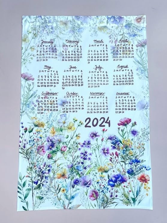 Spring Floral 2025 Calendar, Linen Calendar 2025 (Cream Teatowel+ Dark Wooden Hanger)