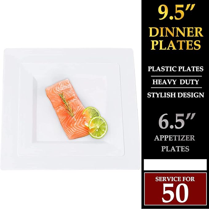 Disposable Square Plastic Plates - 100 Pack - 50 x 9.5 Dinner and 50 x 6.5 Salad Combo Plate - Premium Heavy Duty - Fancy and perfect for a Party, Wedding, or Birthday