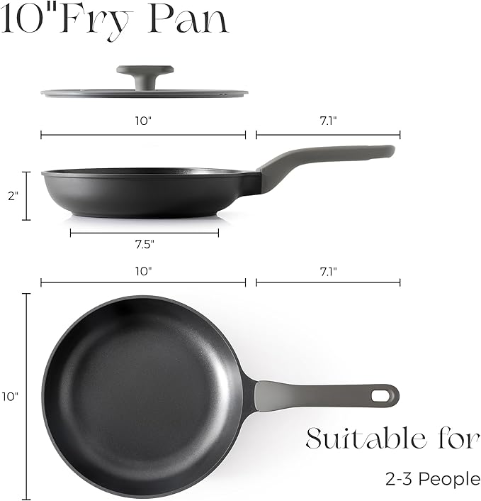 PRICUSIS Nonstick Frying Pan with Lid, 8/10 Inch Skillet with Stay Cool Handle, Fully Coated, Induction Compatible & Oven Safe, 100% Dishwasher Safe, PTFE & PFOA Free（10 Inch, Black Sesame）