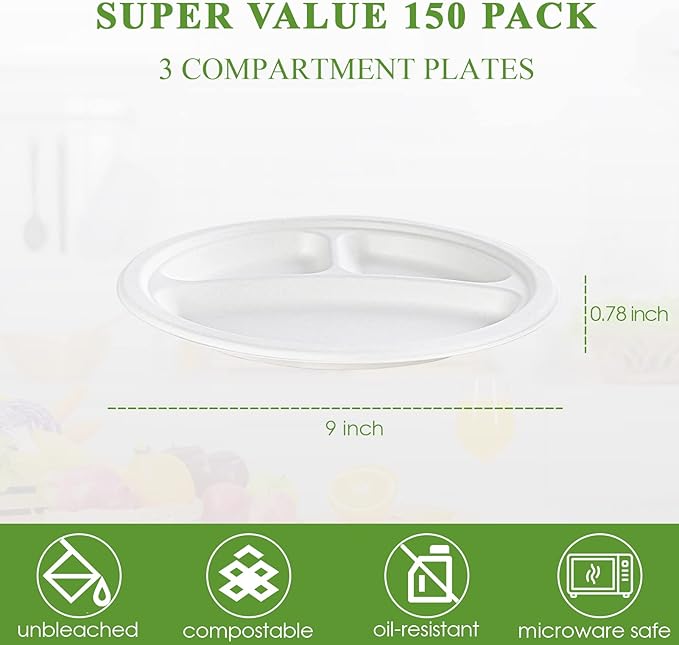 Vplus 100% Compostable Paper Plates, 150 Pack 9 Inch 3 Compartment Plates Disposable, Heavy Duty Biodegradable Plates Made of Sugar Cane Fibers, for Daily meals, Dinner, Parties, BBQ