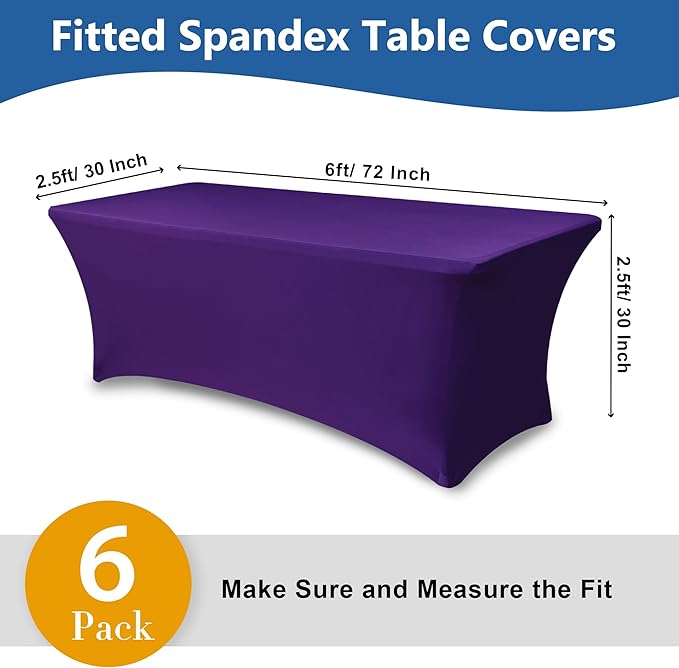 Fitted Stretch Table Cover for 6 ft Rectangle Tables-6 Pack Dark Purple Spandex Tablecloth-Elastic Folding Tablecloths for Party, Vendor Booth Display, Banquet Buffet Event, Craft Trade Show