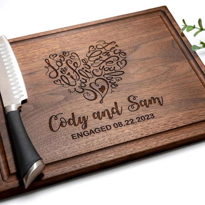 Personalized Cutting Board, Custom Wedding, Anniversary or Housewarming Gift Idea, Wood Engraved Charcuterie, for Newlyweds and Couples, Heart Home Design 041