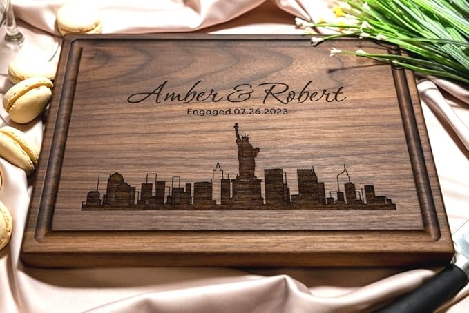 Personalized Cutting Board, Custom Wedding, Anniversary or Housewarming Gift Idea, Wood Engraved Charcuterie, for Kitchen or Chef, Major US City Skyline Design 050