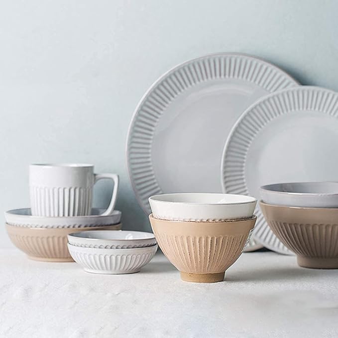 DARZYS Dinnerware Set, Plates and Bowls Sets, Porcelain Dinnerware Sets, Cereals Bowls and Steak Plates Sets | 34 Pieces Vintage Two-Color Ceramics
