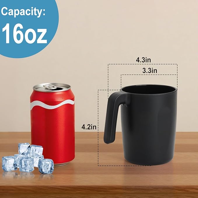 Wheat Straw Coffee Cups 16 OZ, Plastic Coffee Mugs with Handles, Lightweigt &Unbreakable Coffee Mugs Set of 6, Microwave & Dishwasher Safe Drinking Cups for Tea, Camping, Kitchen - Black