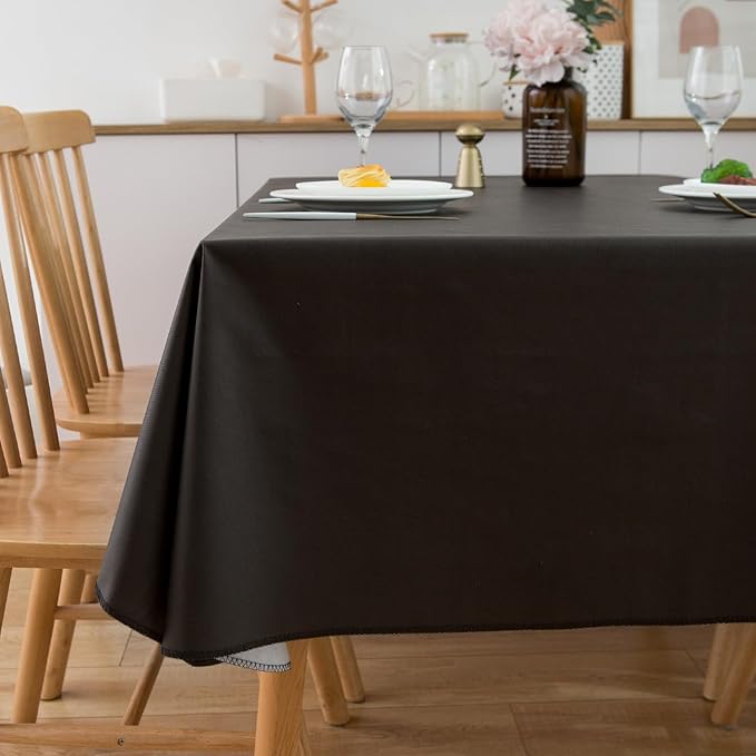 Pioggia Vinyl Tablecloth with Flannel Backing Rectangle Waterproof Oil-Proof Plastic Table Cloth Wipeable PVC Table Cover for Indoor and Outdoor (Black, 60 x 102 Inch)