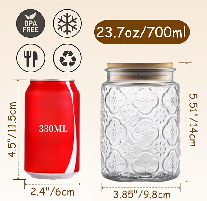 ANSQU Vintage Glass Jar, Decorative Glass Jar with Bamboo Lid, Candy Jar Cookie Jar for Kitchen Counter, Pantry, 23.7 FL OZ Glass Storage Jar Holds Coffee, Tea, Sugar, Balth Salts