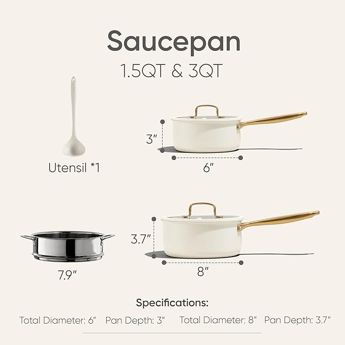 CAROTE 1.5Qt & 3.0Qt Stainless Steel Saucepan Set with Steamer & Ladle, Non-Toxic 3-Ply Stainless Steel Pot with Lids, Small Pots for Cooking, Oven Safe, Induction Compatible Cookware