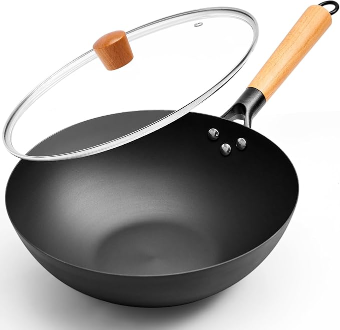 11.8 Inch Carbon Steel Wok, Flat Bottom Stir Fry Pan with Glass Lid, Uncoated High-Purity Iron Wok for Family Meals, Compatible with Gas, Electric & Induction Cooktops
