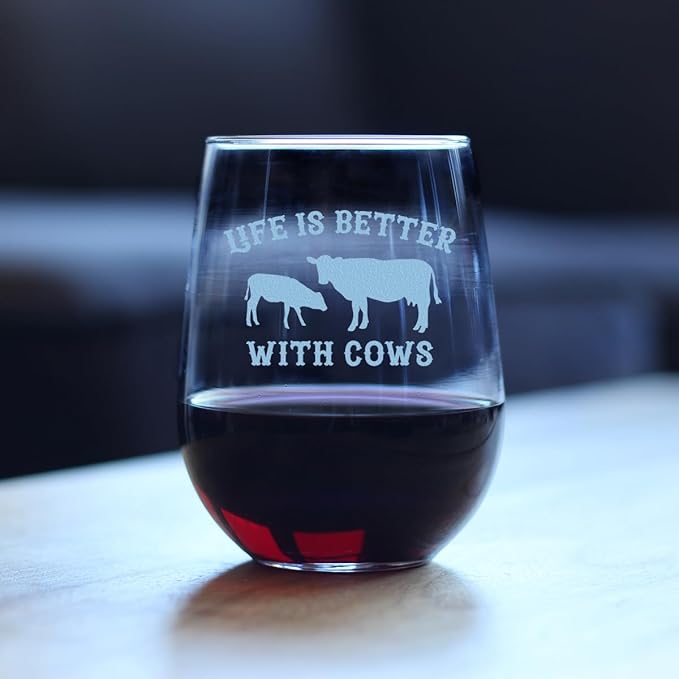 Custom Life Is Better With Cows - Personalized Stemless Wine Glass - Funny Cow Gifts and Decor for Men & Women - Large 17 oz Glasses - Customized Wine Glass Gift