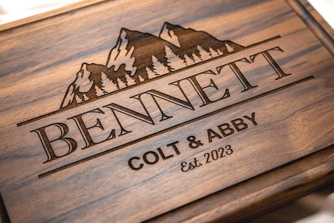 Personalized Cutting Board, Custom Wedding, Anniversary or Housewarming Gift Idea, Wood Engraved Charcuterie, for Family and Friends, Adventure Mountain Design 108