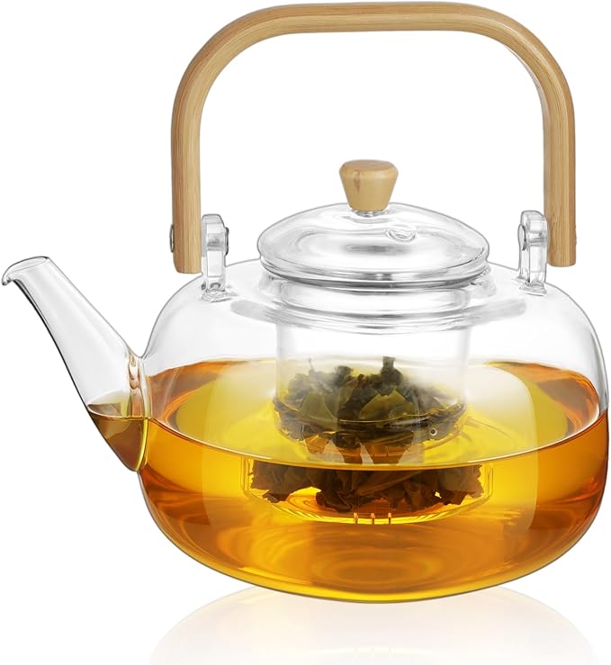 49OZ/1450ML Glass Teapot with Removable Infuser & Lid, Stovetop & Microwave Safe Clear Borosilicate Glass Tea Maker Water Kettle for Loose Leaf Blooming Tea