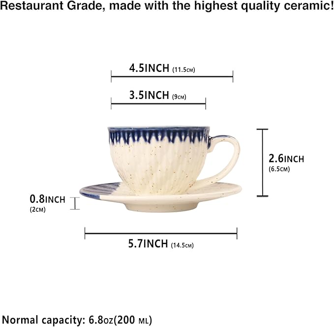Coffee Mugs Set, 6.8 oz, Ceramic Tea Cup with saucer, Espresso Cups 8-piece, Stackable Cups, for Latte,Hot Tea,Cappuccino, Mocha, Cocoa, dishwasher & microwave safe, Blue border