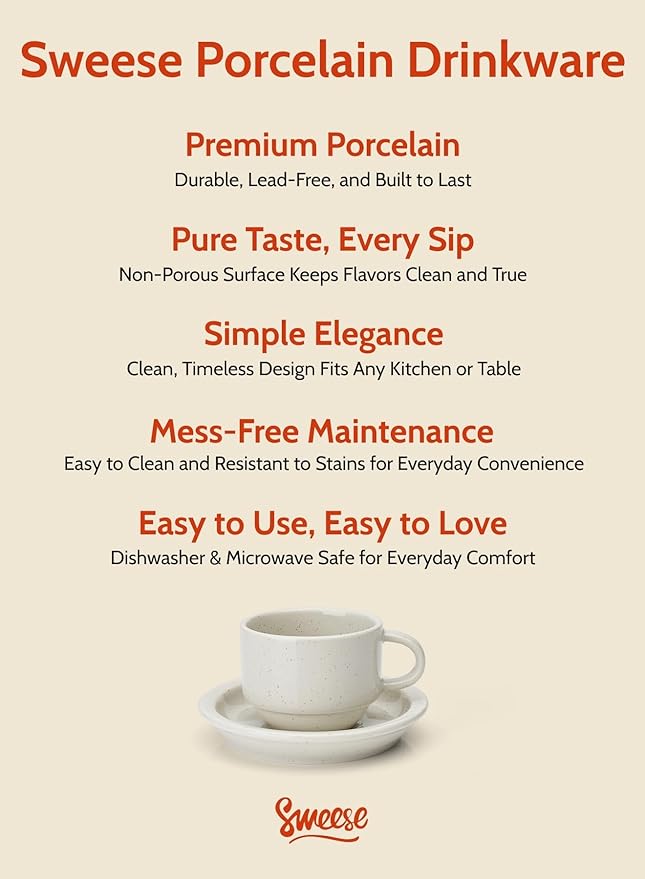 Sweese Porcelain Cappuccino Cups Set - 8 oz Stackable Coffee Mugs with Saucers, Metal Stand, Dove Grey, Set of 4
