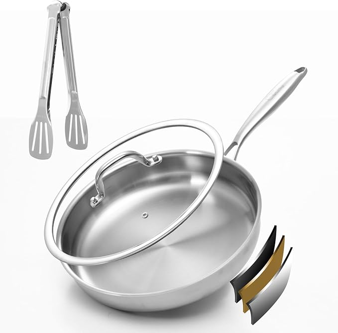 Tri-ply Stainless Steel Frying Pan 12 Inch with Lid Large Skillet for Chef's Cooking Pan Induction Oven Dishwasher Safe, Compatible with All Cooktops with Kitchen Tongs(Detachable Handle)