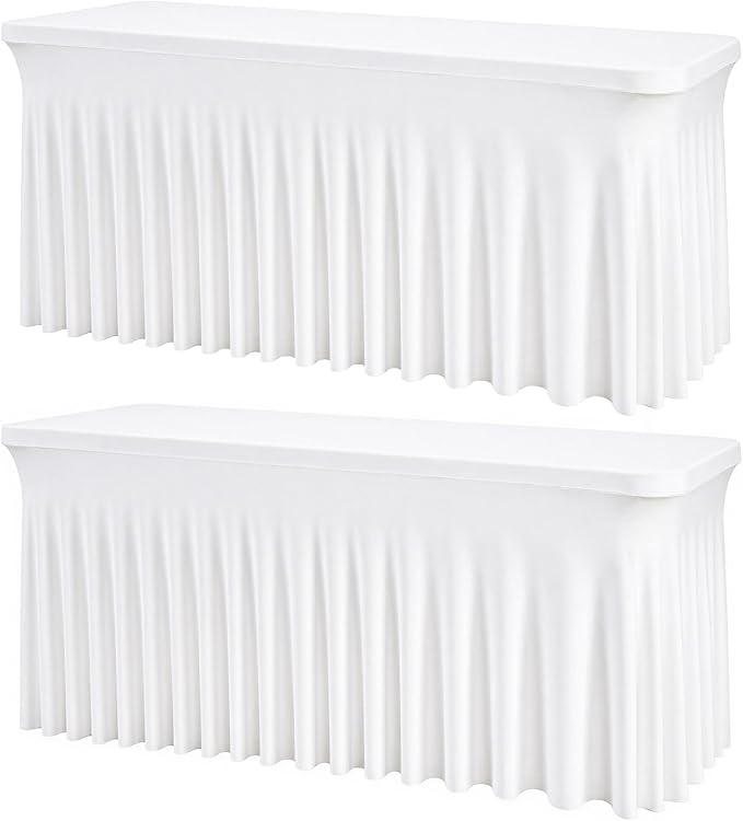 2 Pack White Rectangle Tablecloths, Washable Stretch Fitted Spandex Table Covers for 6FT Tables, Wrinkle-Free & Reusable Table Cloths,Ideal for Parties, Banquets, Wedding, Buffet,Events