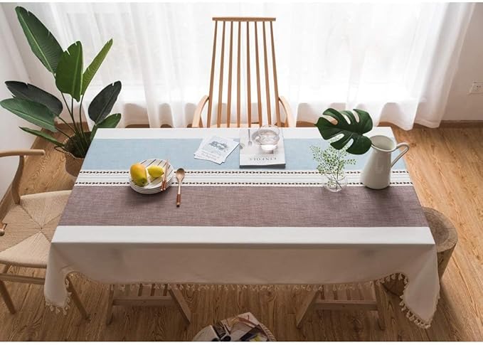 Pahajim Striped Tablecloth Rectangle with Tassels Thick Linen Cotton Table Cloth for Outdoor Picnic Dining and Holiday Kitchen Decor Rectangle/Oblong,55''x102'', 8-10 Seats