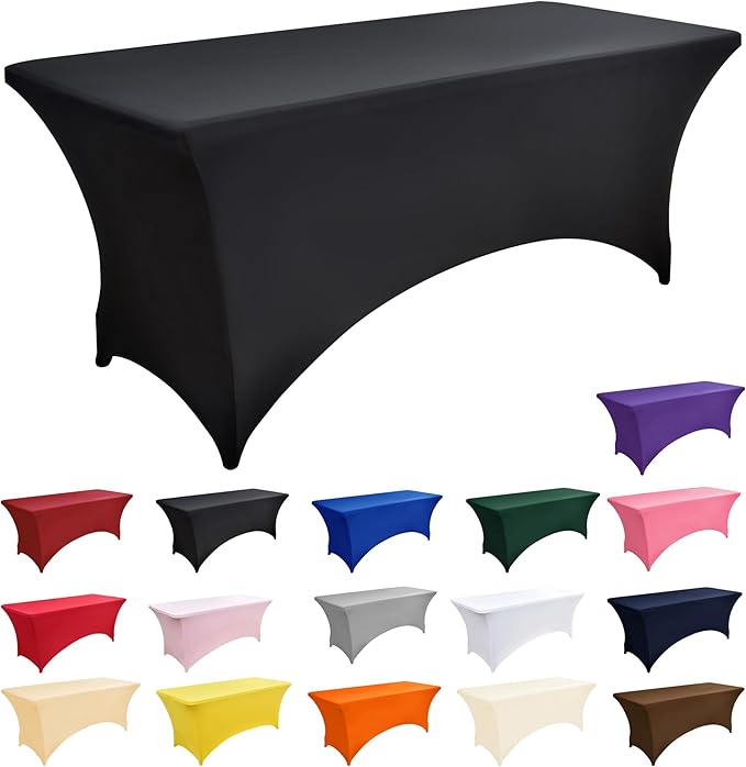 6-Pack 4ft Spandex Black Table Covers for Rectangular Folding Tables - Wrinkle Resistant Stretch Tight Table Cloths - Ultimate Fitted Table Protector for Parties, Trade Shows, and Wedding