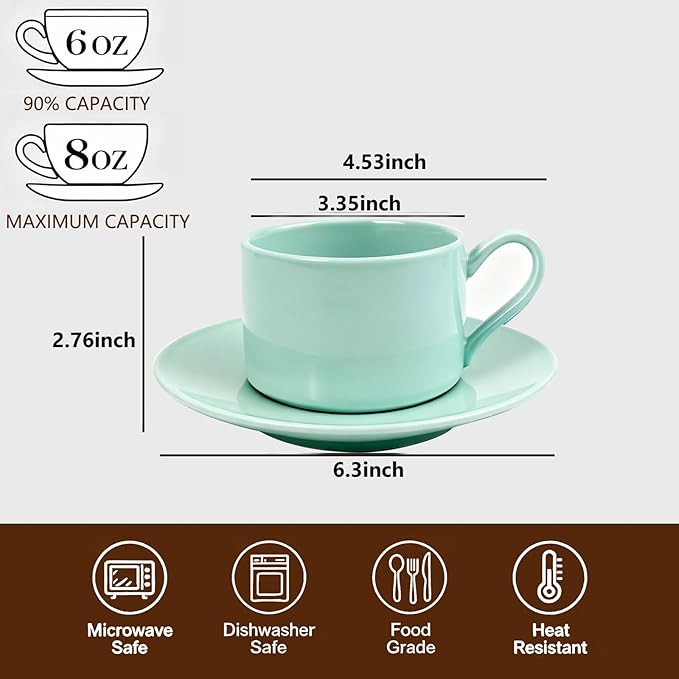 Porcelain 8oz Cappuccino Cup with Saucer -Ceramic Coffee Mug Perfect For Latte&Tea - Microwave and Dishwasher Safe -Tea Cup Sets for Gift,Afternoon Party,Mint Green