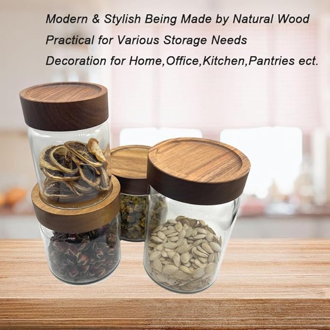 Clear Glass Storage Canister with Airtight Wooden Screw Lid 33oz/1000g 2 PACK with Tray,Decorative Container Jar for Coffee,Spice,Candy,Salt,Cookie,Condiment,Pepper,Sugar,Overnight Oatmeal
