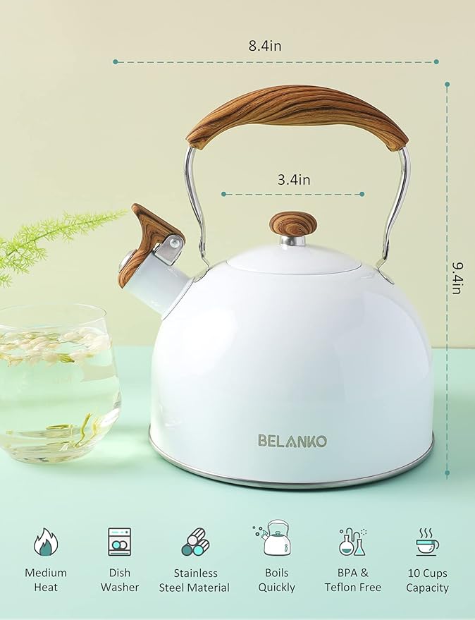 Tea Kettle, BELANKO 85 OZ / 2.5 Liter Whistling Tea Kettle, Tea Pots for Stove Top Food Grade Stainless Steel with Wood Pattern Folding Handle, Loud Whistle Kettle for Tea, Coffee, Milk - Gloss White