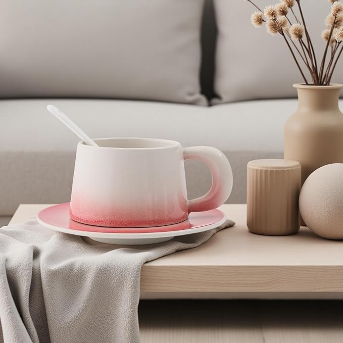 Ceramic Cappuccino Cup and Saucer Set, 8 oz, White with Pink Gradient, Microwave Safe, with Spoon (red)