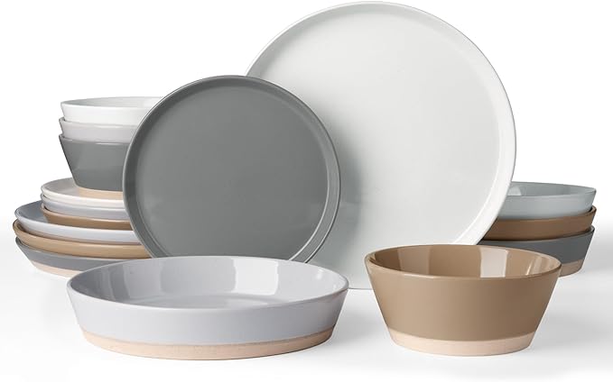 Famiware Saturn 16 Pieces Plates and Double Bowls Sets for 4, Stoneware Dinnerware Set with Pasta Bowl, Dish Set with Trim - Chip & Scratch Resistant, Microwave & Dishwasher Safe, Multi-color