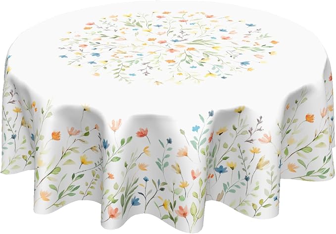 Spring Watercolor Floral Round Tablecloth 60 Inch Summer Wild Flower Polyester Table Cloth Easter Rustic Farmhouse Table Cover Decoration for Kitchen Dinner Party