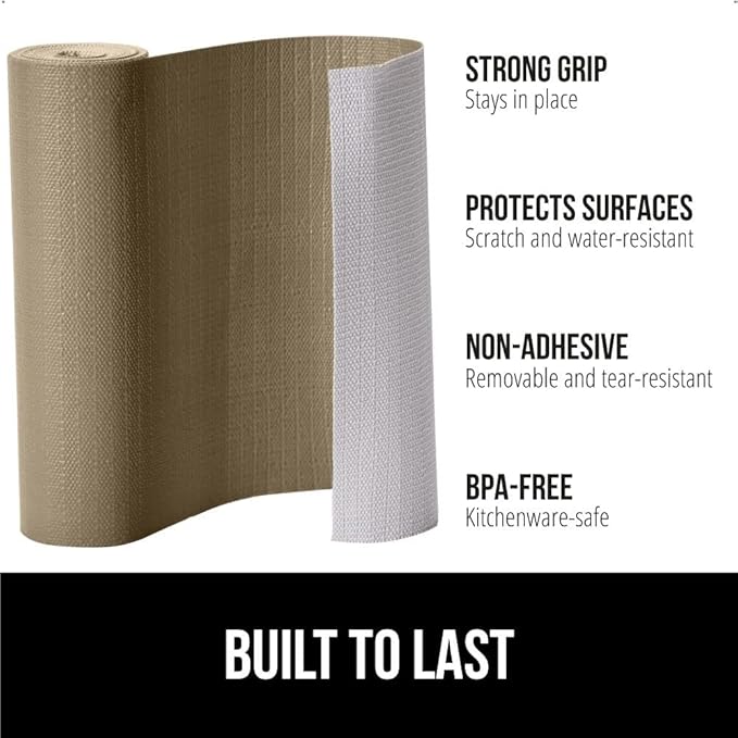 GORILLA GRIP DripGuard Shelf Liner, Non Adhesive Drawer and Kitchen Cabinet Protector, Slip Resistant BPA Free Smooth Surface Plastic Liners for Cabinets, Bathrooms, Closets, 12x240 Inch, Beige