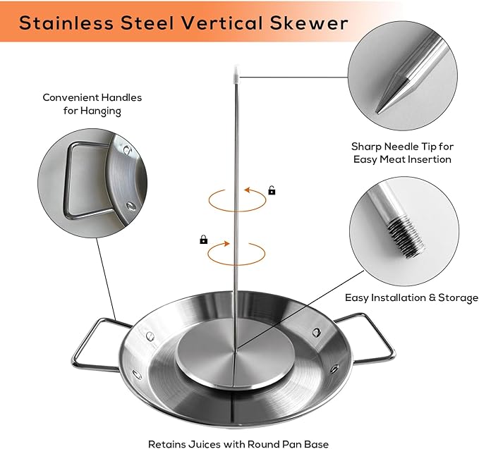 Fengzhe Al Pastor Skewer for Grill：Stainless Steel Vertical Skewer, Brazilian Spit Stand with 3 Spikes,2 Brushes,Ideal for Tacos Al Pastor,Shawarma, Kebabs on Smoker, Oven,with Fat Separator Tray