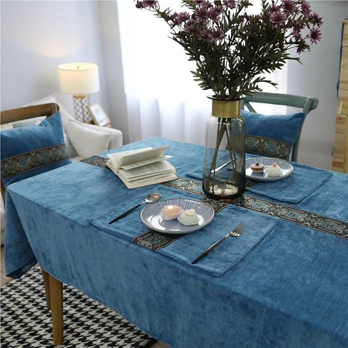 Rectangular Tablecloth Classic Tablecloth Tea Blue Double-Sided Velvet Thickened Rectangular Tablecloth Suitable for Restaurant Camping(90 * 130cm)