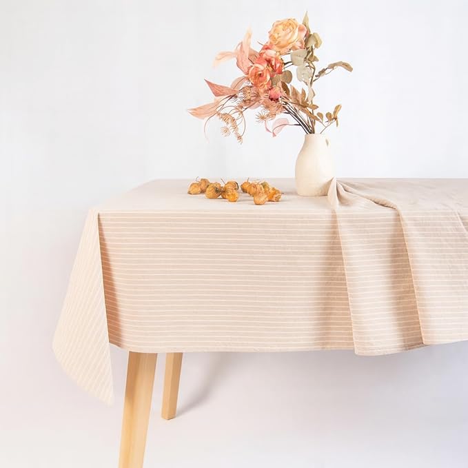 MONDAY MOOSE Striped Farmhouse Picnic Style Decoration Rectangle Natural Stonewashed Cotton Tablecloth for Kitchen, Dining Room, Restaurant (60x120 inch, Beige/White Stripes)
