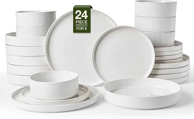 Famiware Nebula Dinnerware Sets with Pasta Bowls, Service for 6 (24 Pieces), Fine Stoneware Plates and Bowls Sets, Microwave and Dishwasher Safe Dishes Set, White