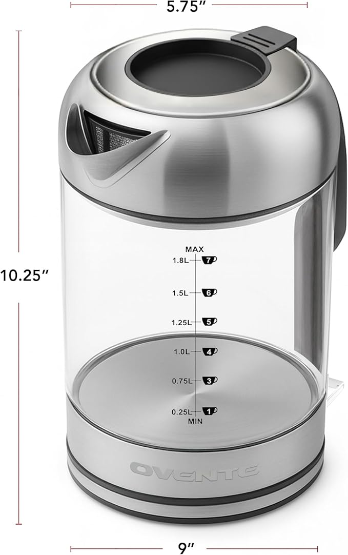 OVENTE Electric Kettle, 1500W No Plastic 1.8L Tea Kettle and Hot Water Boiler For Coffee or Tea, Easy to Fill Lid, Automatic Shut-Off, Borosilicate Glass with Stainless Steel Spout, Silver KG71S